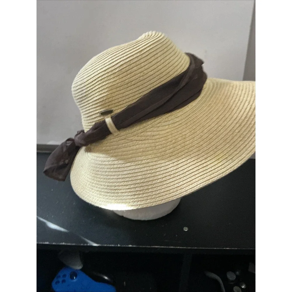 Coolibar Womens Packable Straw Sun Hat Brown Ribbon Bow Wide Brim Beige One Size